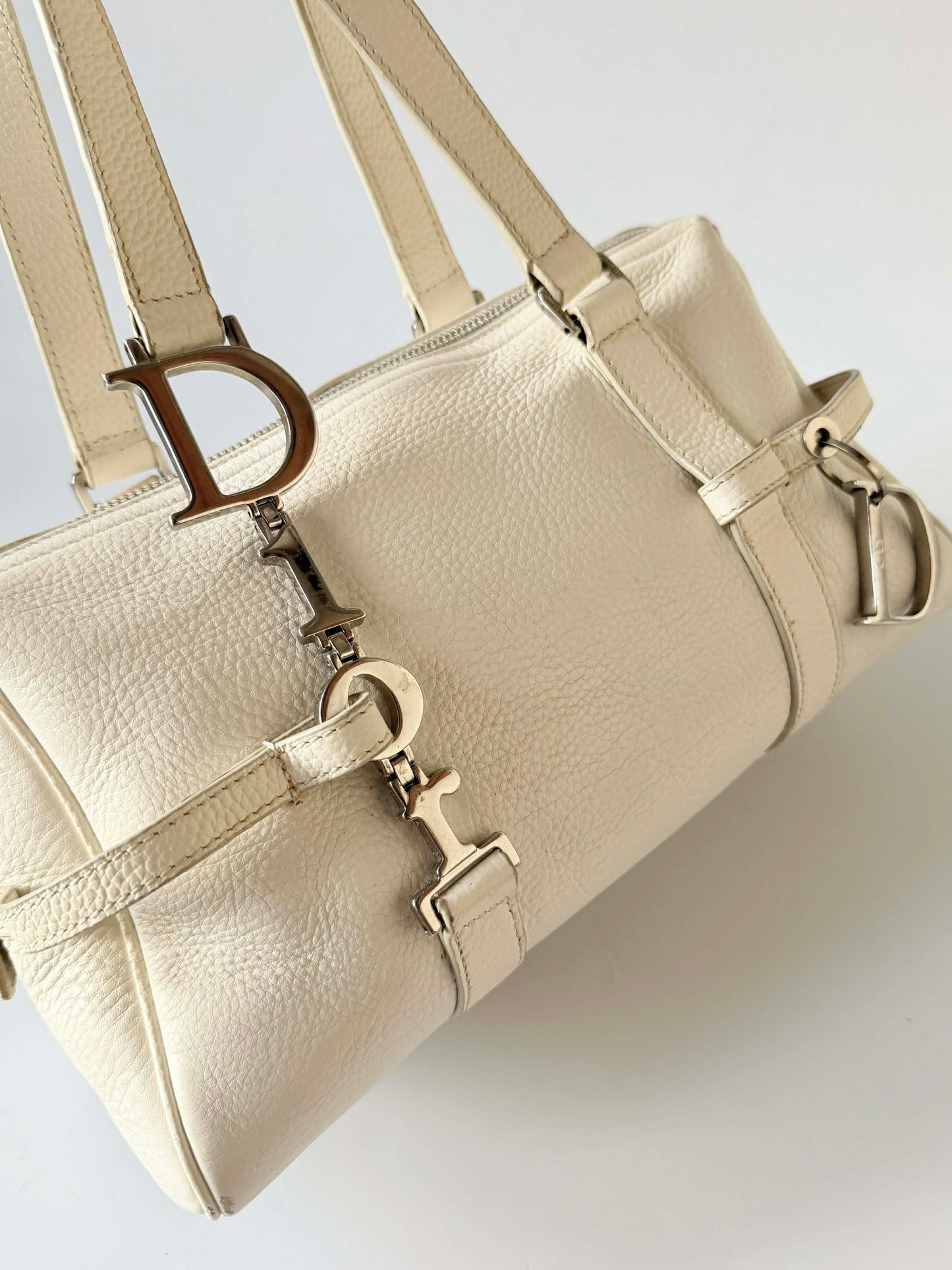 Christian Dior White Leather Logo Charms Boston Handbag
