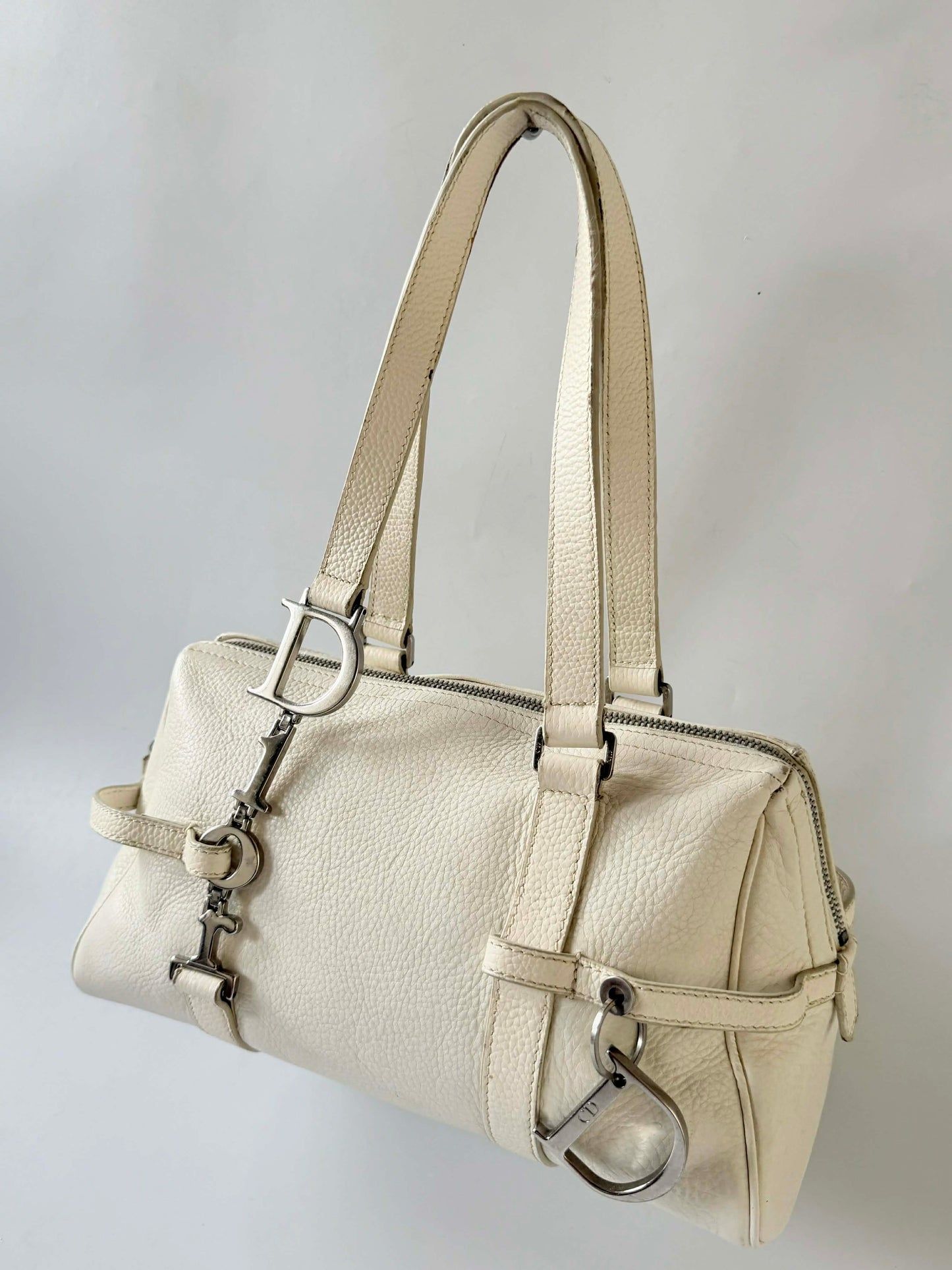 Christian Dior White Leather Logo Charms Boston Handbag