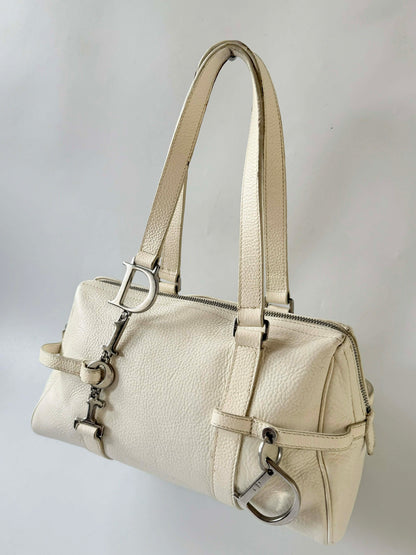 Christian Dior White Leather Logo Charms Boston Handbag