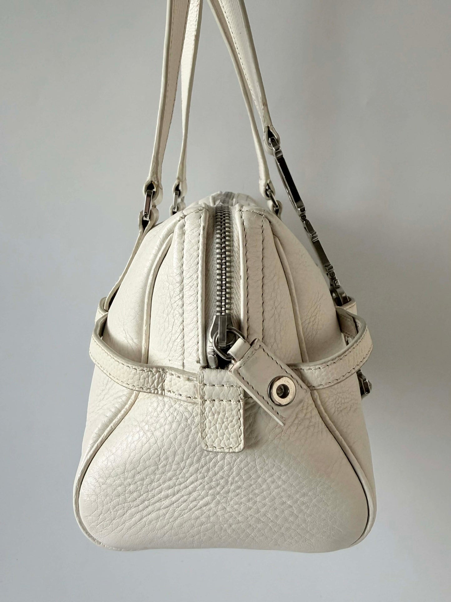 Christian Dior White Leather Logo Charms Boston Handbag