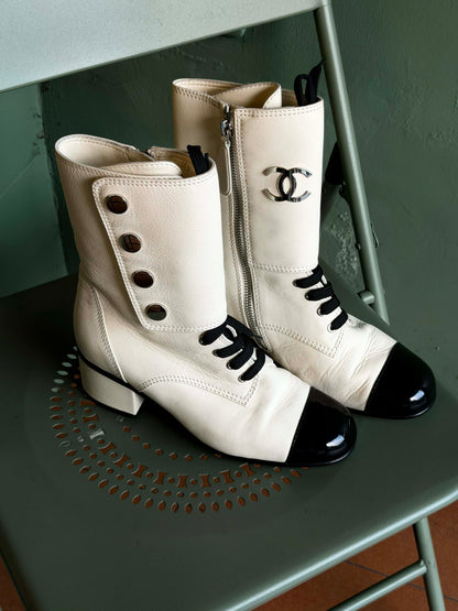 Chanel 19B Two Bone Signature Logo Lace-up Leather Boots