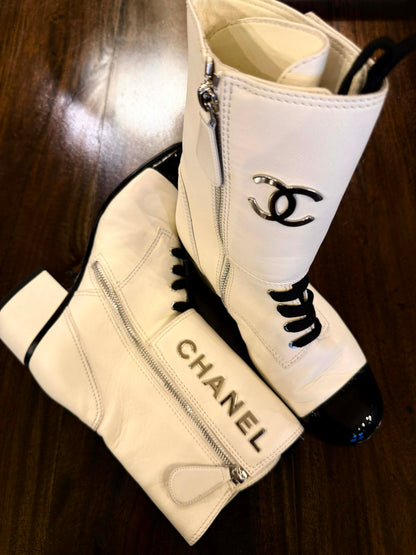Chanel 19B Two Bone Signature Logo Lace-up Leather Boots