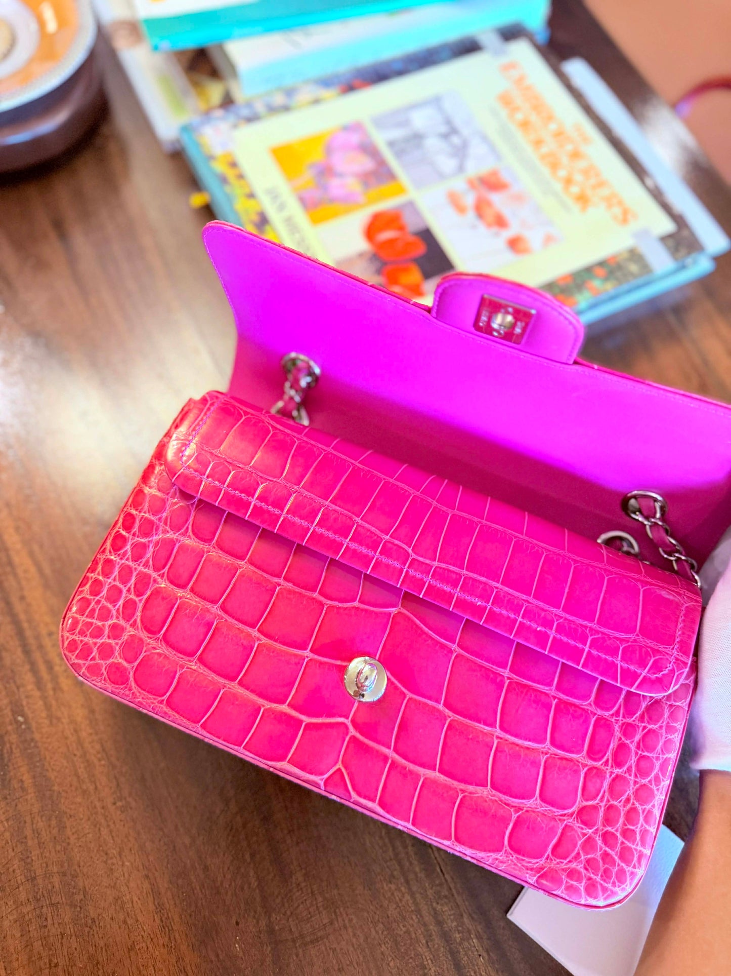 Chanel Pink Alligator Medium Double Flap