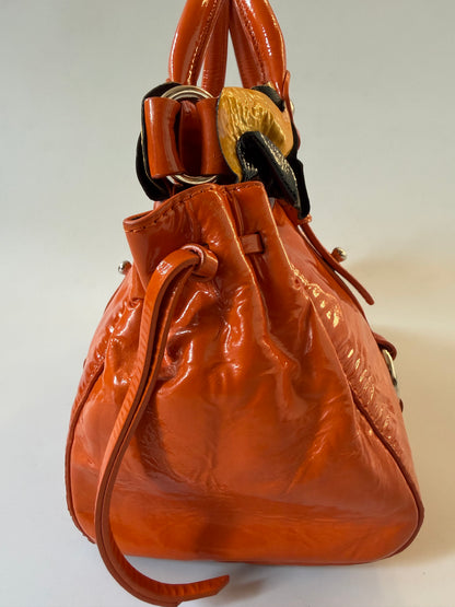 Miu Miu Orange Patent Raffled Black & Yellow Trim Handbag