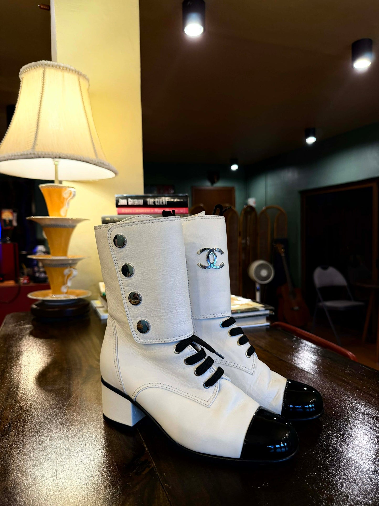 Chanel 19B Two Bone Signature Logo Lace-up Leather Boots