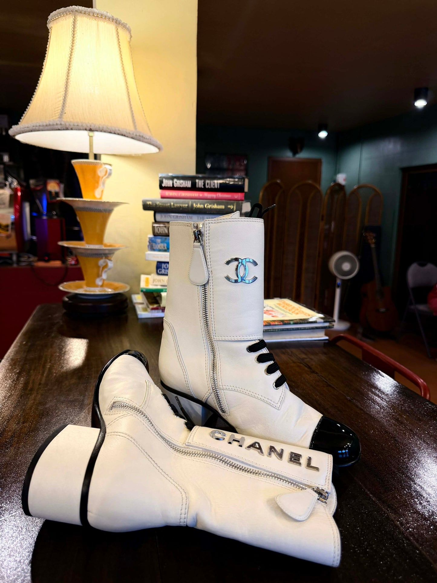 Chanel 19B Two Bone Signature Logo Lace-up Leather Boots