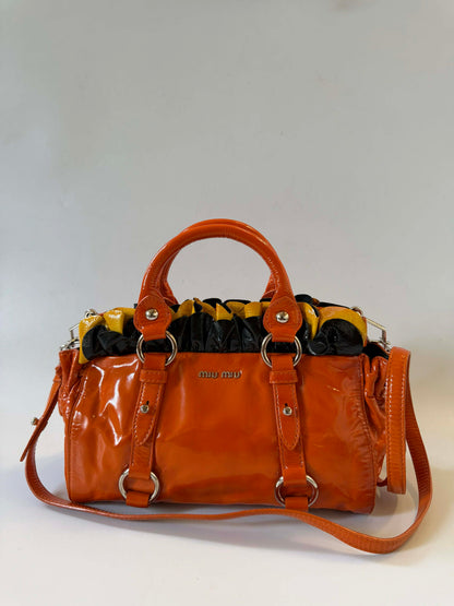 Miu Miu Orange Patent Raffled Black & Yellow Trim Handbag