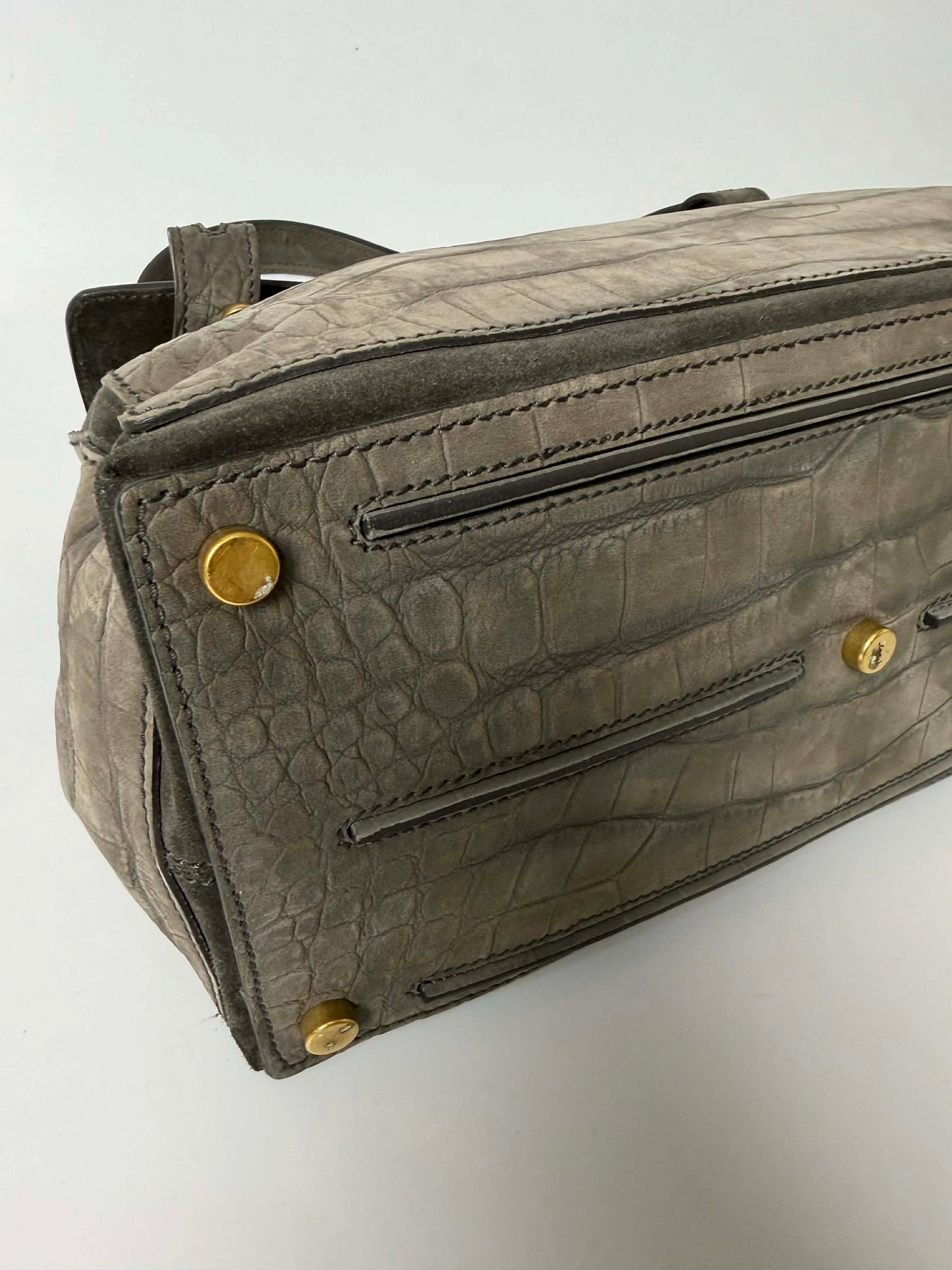 Yves Saint Laurent Grey Croc Embossed Suede Large Muse Bag