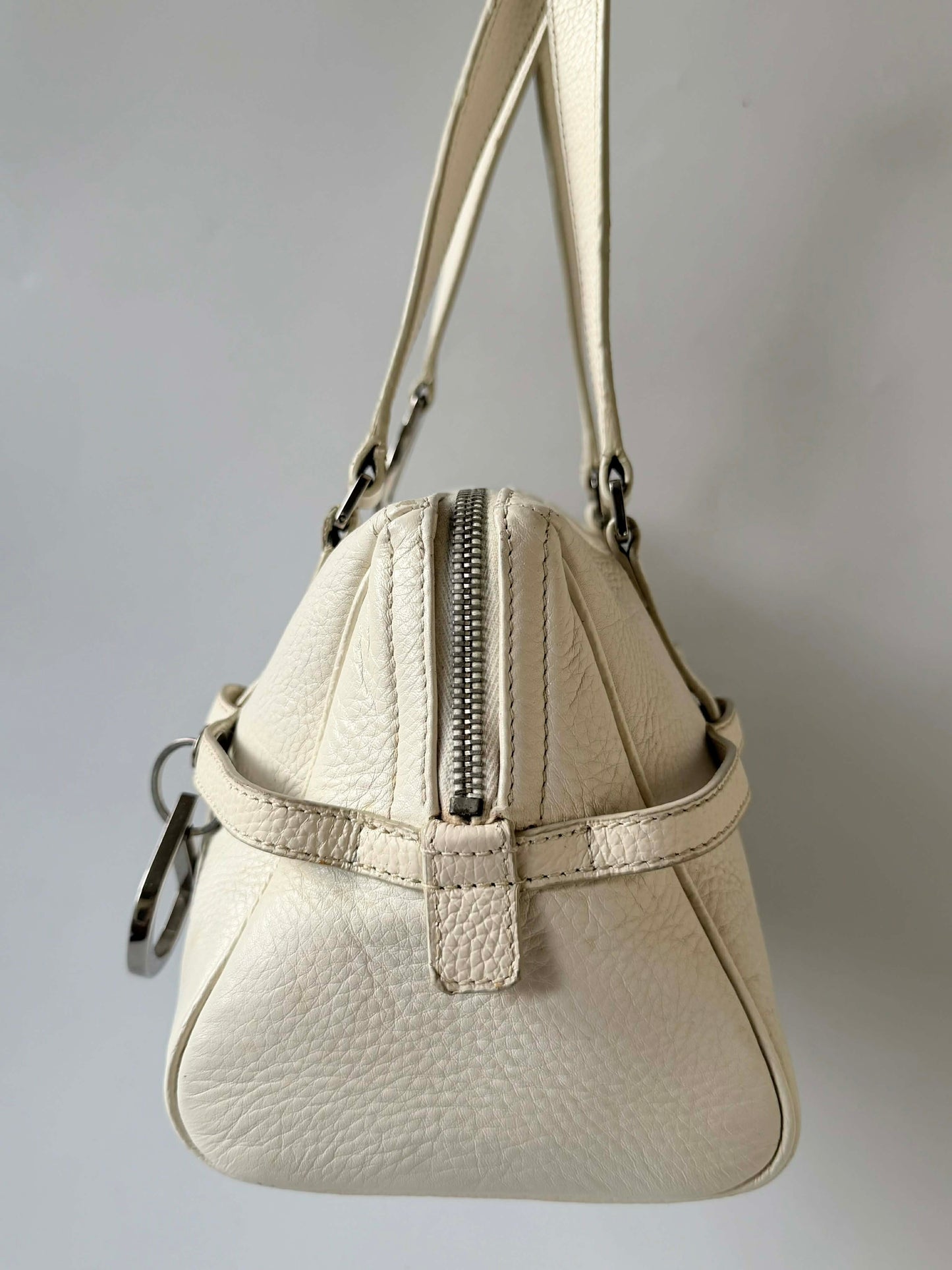 Christian Dior White Leather Logo Charms Boston Handbag