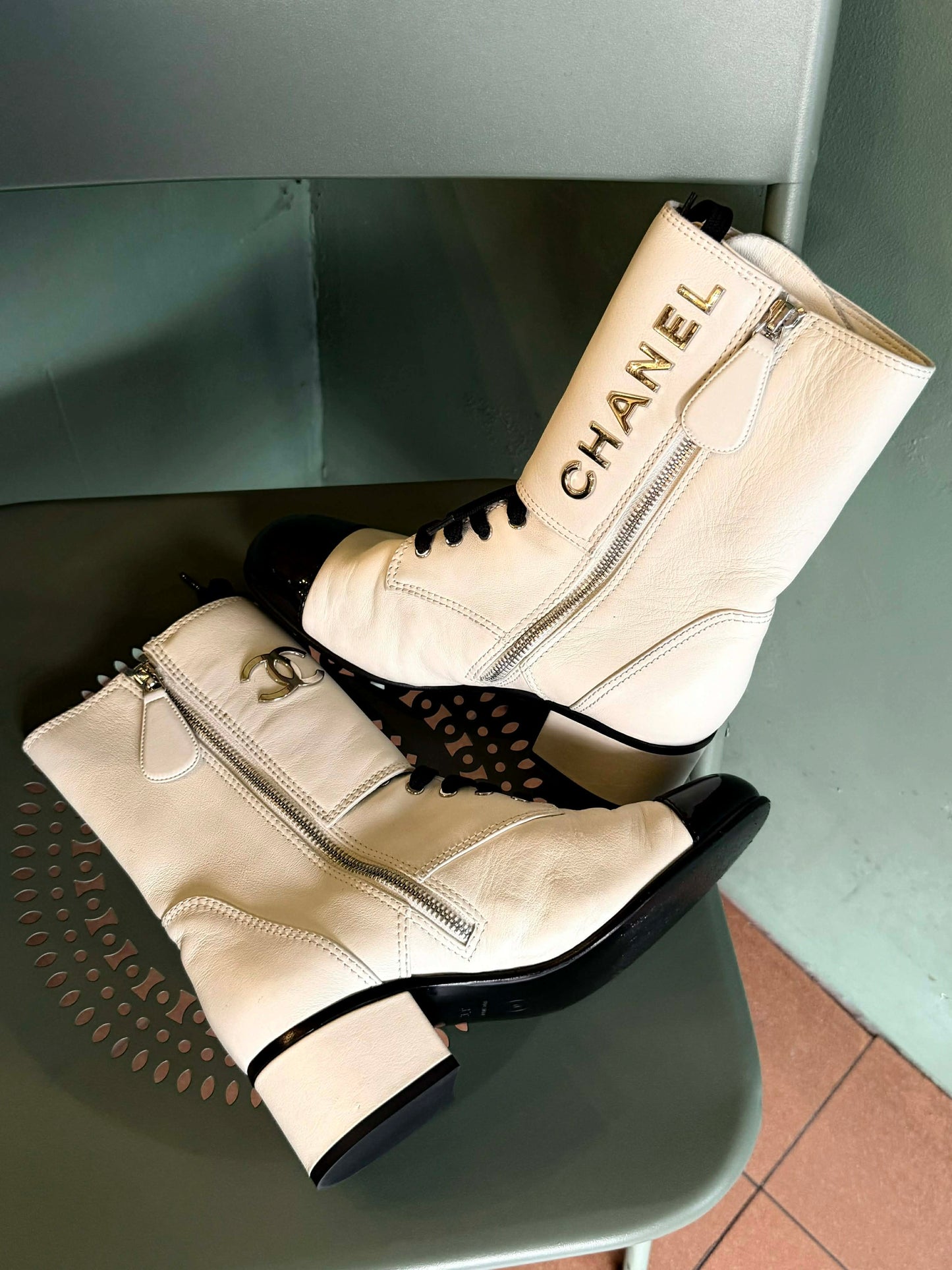 Chanel 19B Two Bone Signature Logo Lace-up Leather Boots
