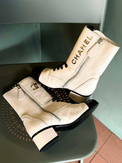 Chanel 19B Two Bone Signature Logo Lace-up Leather Boots