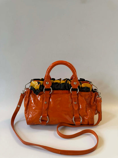 Miu Miu Orange Patent Raffled Black & Yellow Trim Handbag