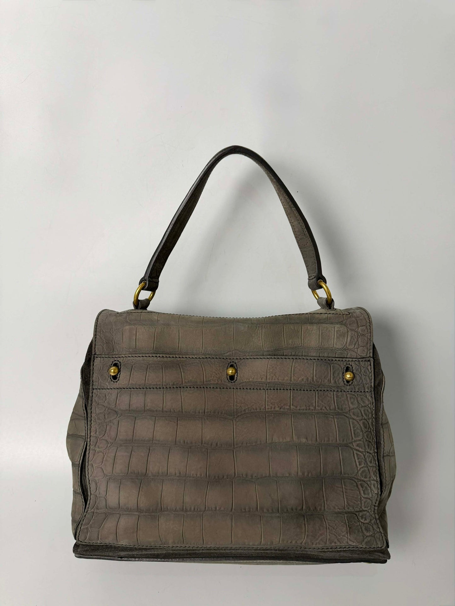 Yves Saint Laurent Grey Croc Embossed Suede Large Muse Bag