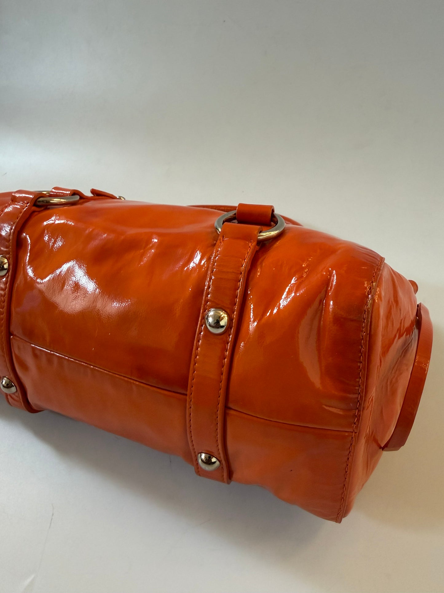 Miu Miu Orange Patent Raffled Black & Yellow Trim Handbag