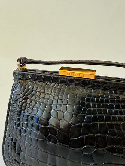 Vintage Gucci Black Crocodile Embossed Leather Handbag