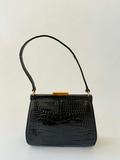Vintage Gucci Black Crocodile Embossed Leather Handbag