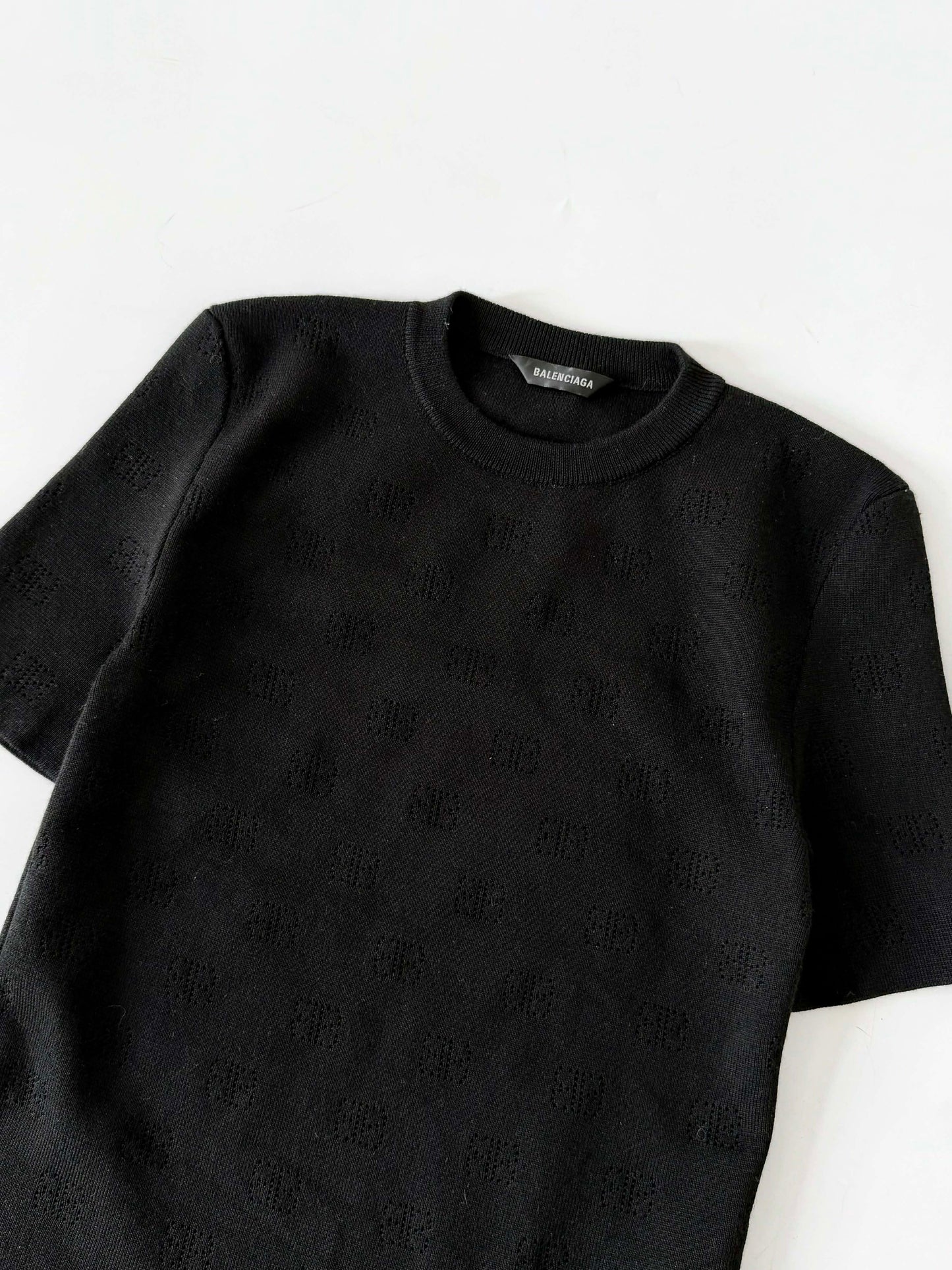 Balenciaga Black BB P VM Pointelle-Knit T-Shirt