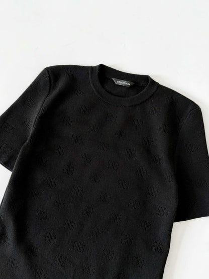Balenciaga Black BB P VM Pointelle-Knit T-Shirt
