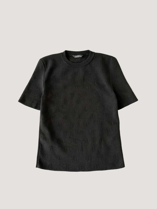 Balenciaga Black BB P VM Pointelle-Knit T-Shirt
