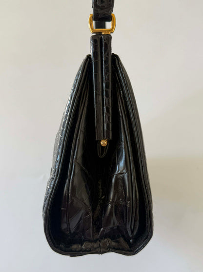 Vintage Gucci Black Crocodile Embossed Leather Handbag