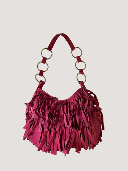 Yves Saint Laurent Bohome Pink Fringed Suede Hobo Bag