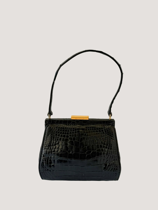 Vintage Gucci Black Crocodile Embossed Leather Handbag