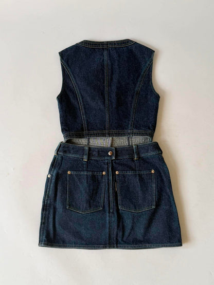 1990s-2000s Chanel Indigo Denim Sleeveless Vest & Skirt Set