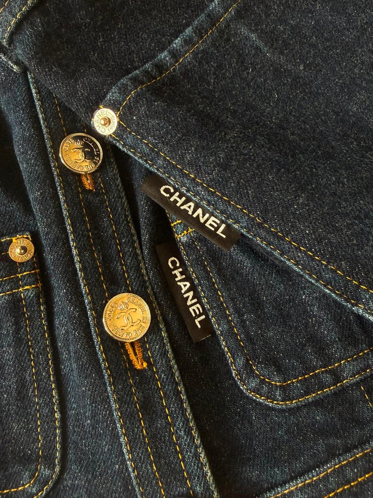 1990s-2000s Chanel Indigo Denim Sleeveless Vest & Skirt Set