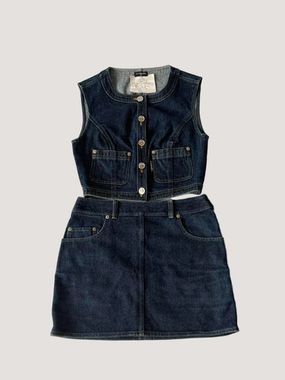 1990s-2000s Chanel Indigo Denim Sleeveless Vest & Skirt Set
