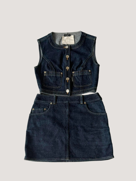 1990s-2000s Chanel Indigo Denim Sleeveless Vest & Skirt Set
