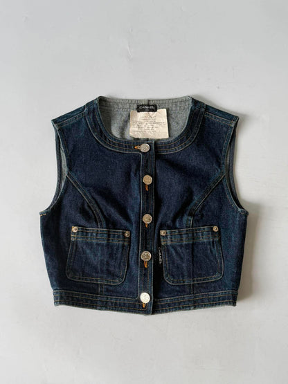 1990s-2000s Chanel Indigo Denim Sleeveless Vest & Skirt Set