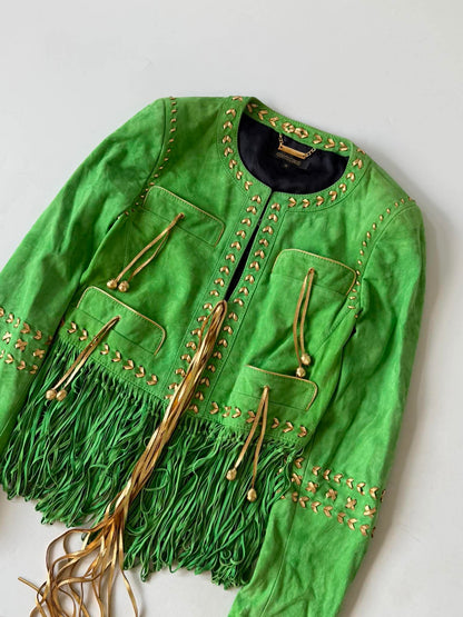 Roberto Cavalli Green Suede Fringe Jacket