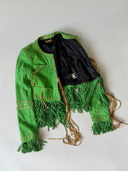 Roberto Cavalli Green Suede Fringe Jacket