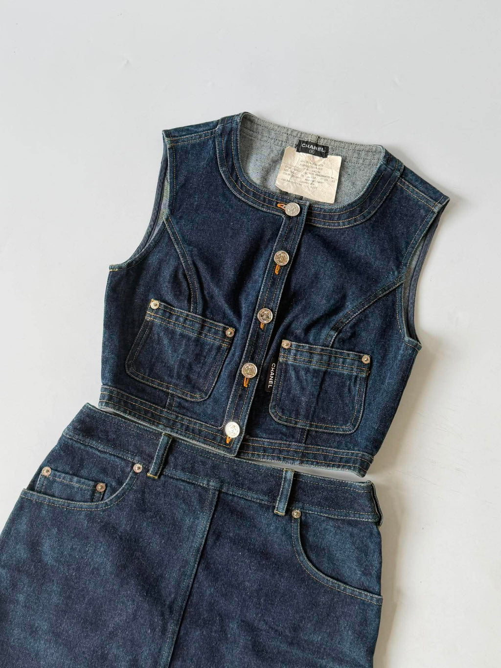1990s-2000s Chanel Indigo Denim Sleeveless Vest & Skirt Set