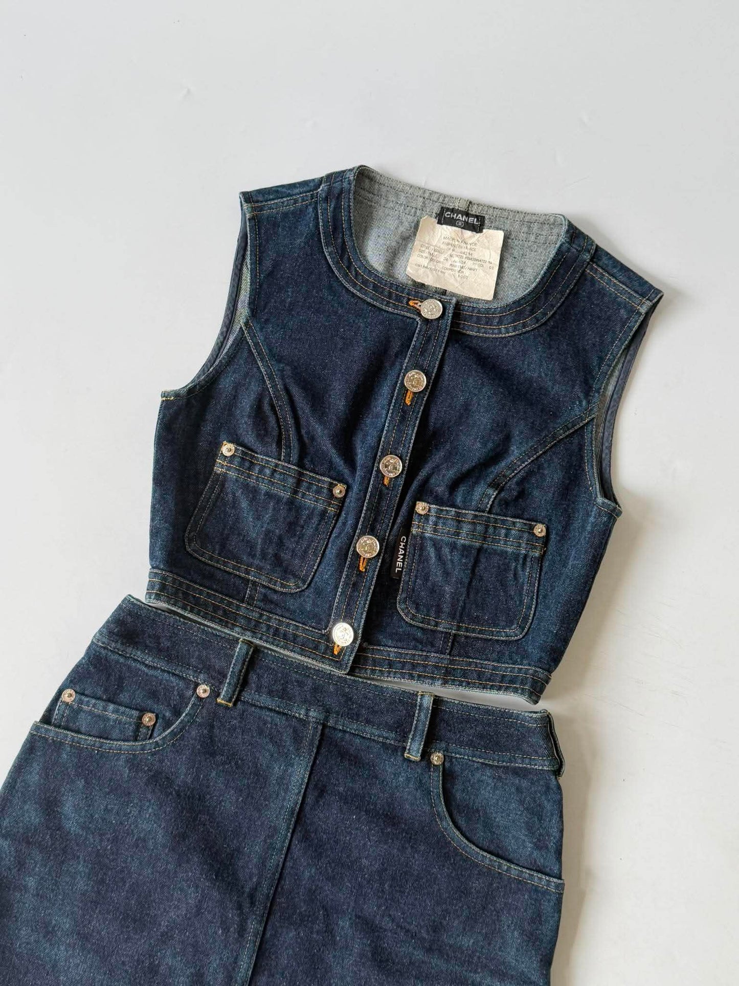 1990s-2000s Chanel Indigo Denim Sleeveless Vest & Skirt Set