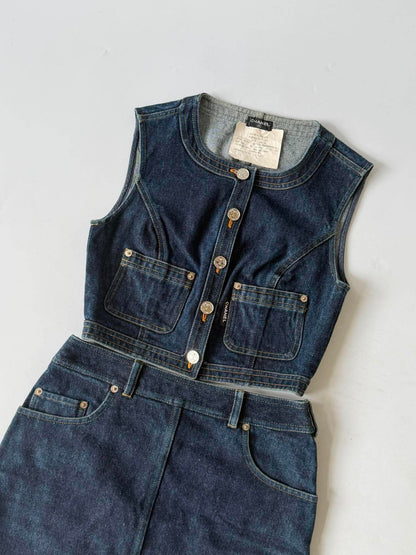 1990s-2000s Chanel Indigo Denim Sleeveless Vest & Skirt Set