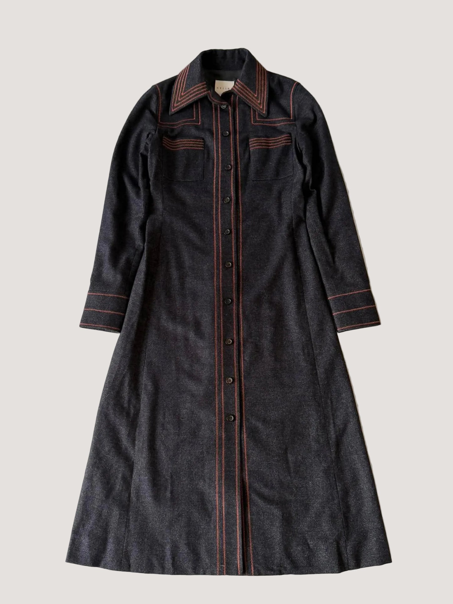 1990’s Celine Long Sleeved Charcoal Denim Maxi Shirt Dress