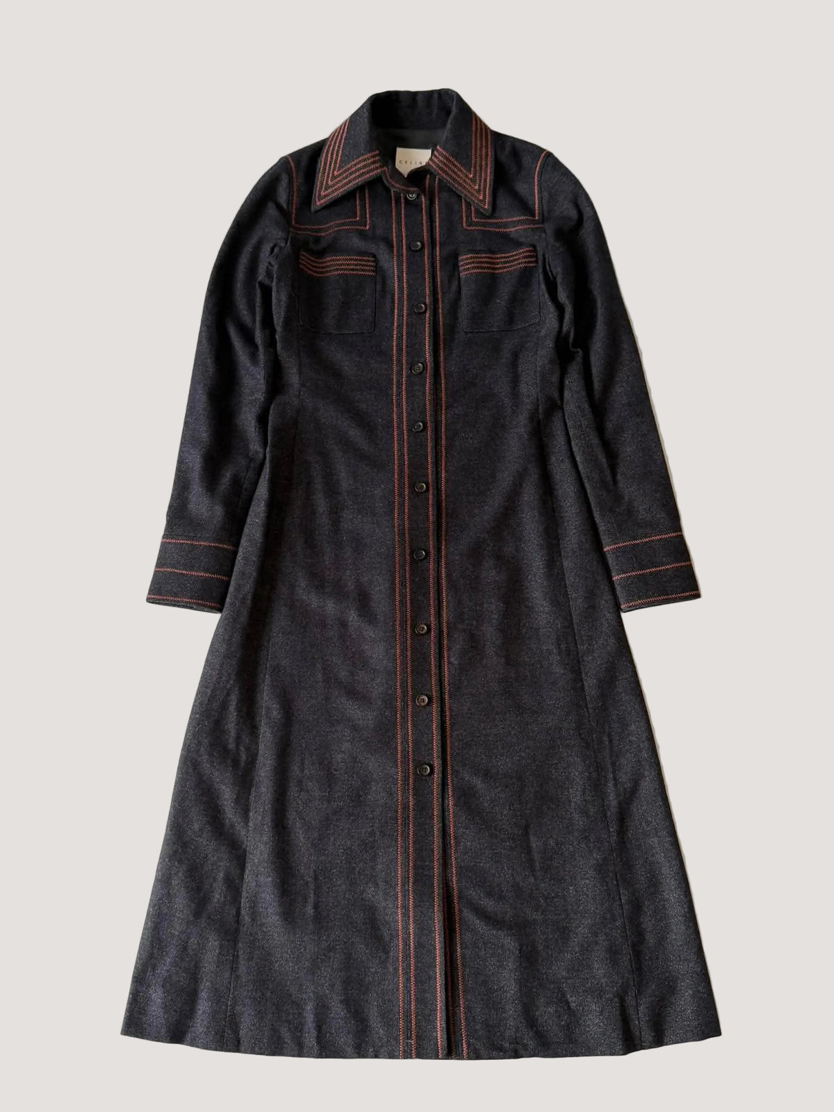 1990’s Celine Long Sleeved Charcoal Denim Maxi Shirt Dress