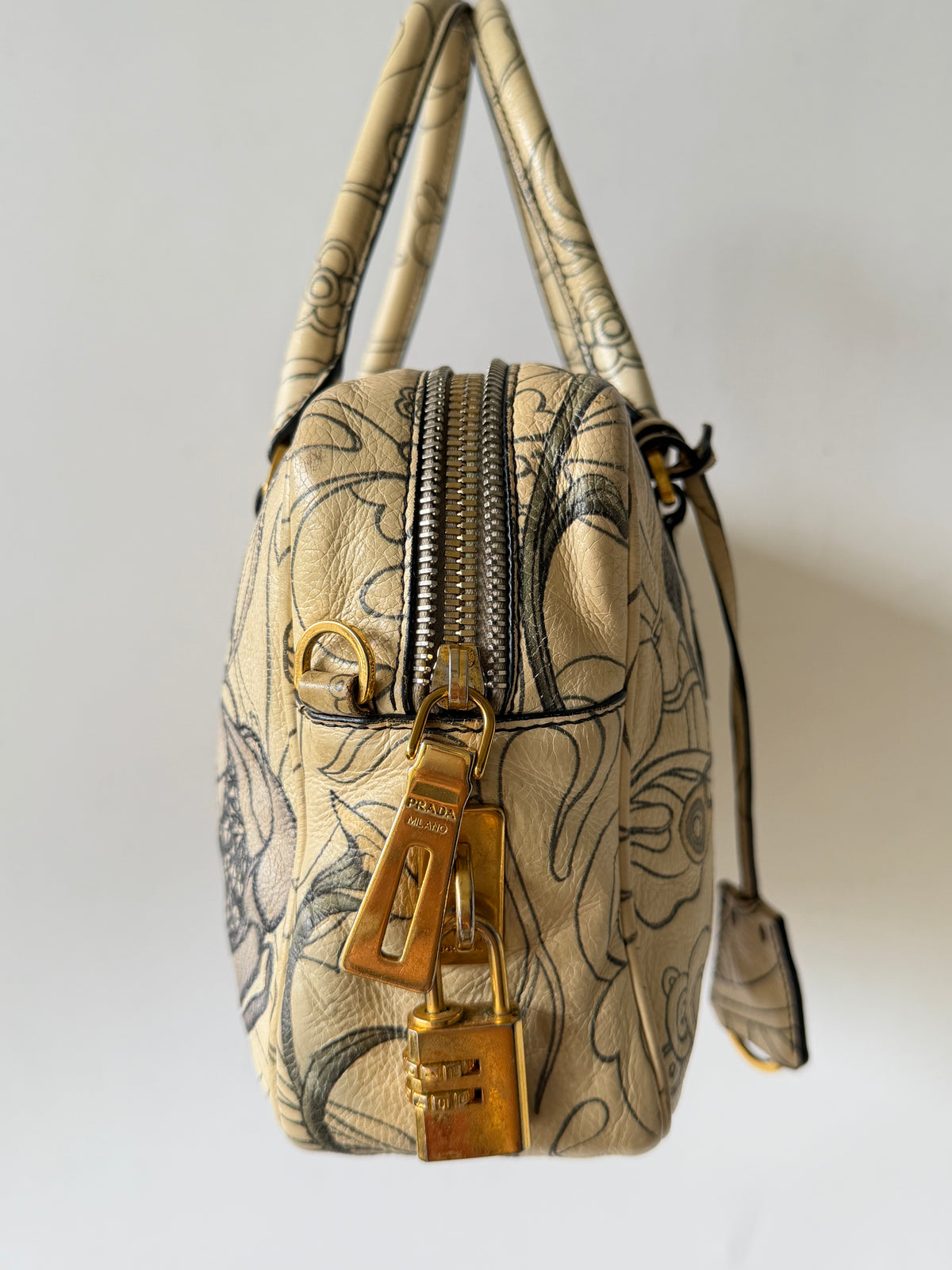Prada x James Jean Glace Calf Rabbit Print Bauletto Opaline