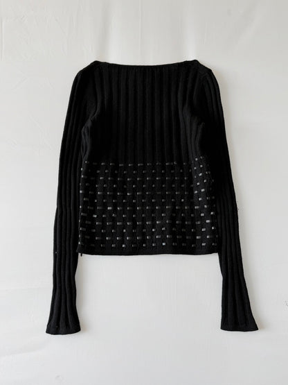 2000’s Gianni Versace Leather Horizontal Lined Knit Sweater