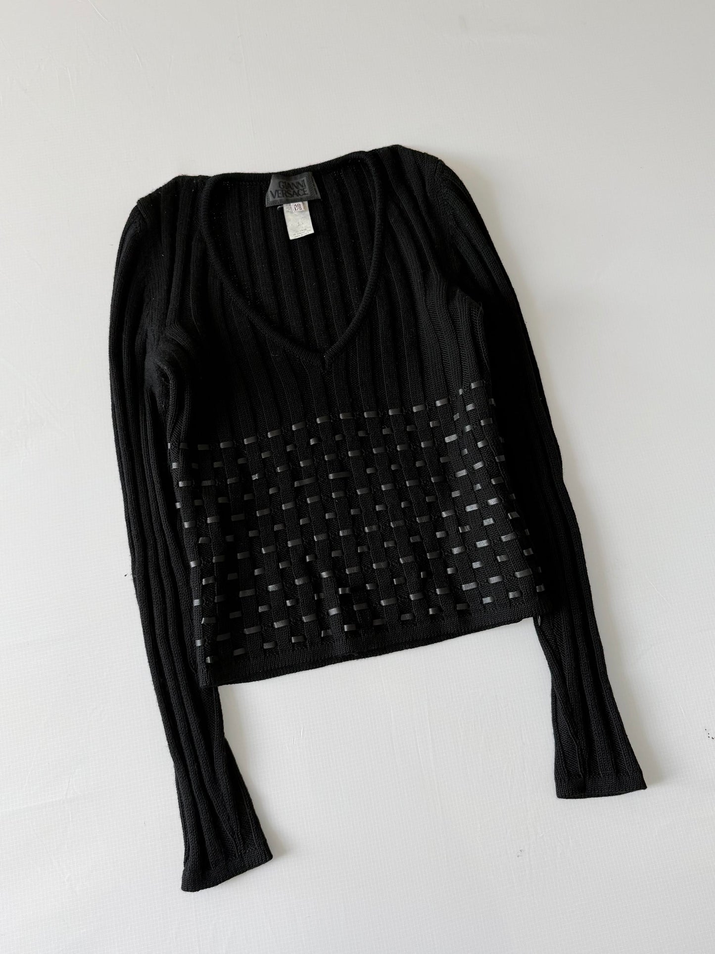 2000’s Gianni Versace Leather Horizontal Lined Knit Sweater