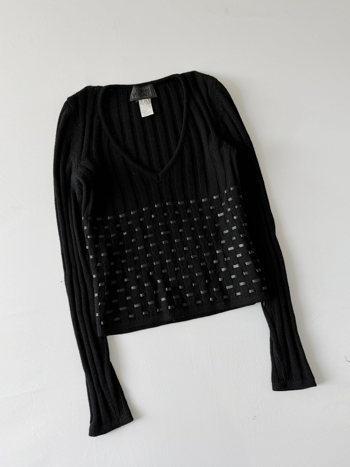 2000’s Gianni Versace Leather Horizontal Lined Knit Sweater