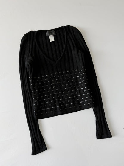 2000’s Gianni Versace Leather Horizontal Lined Knit Sweater