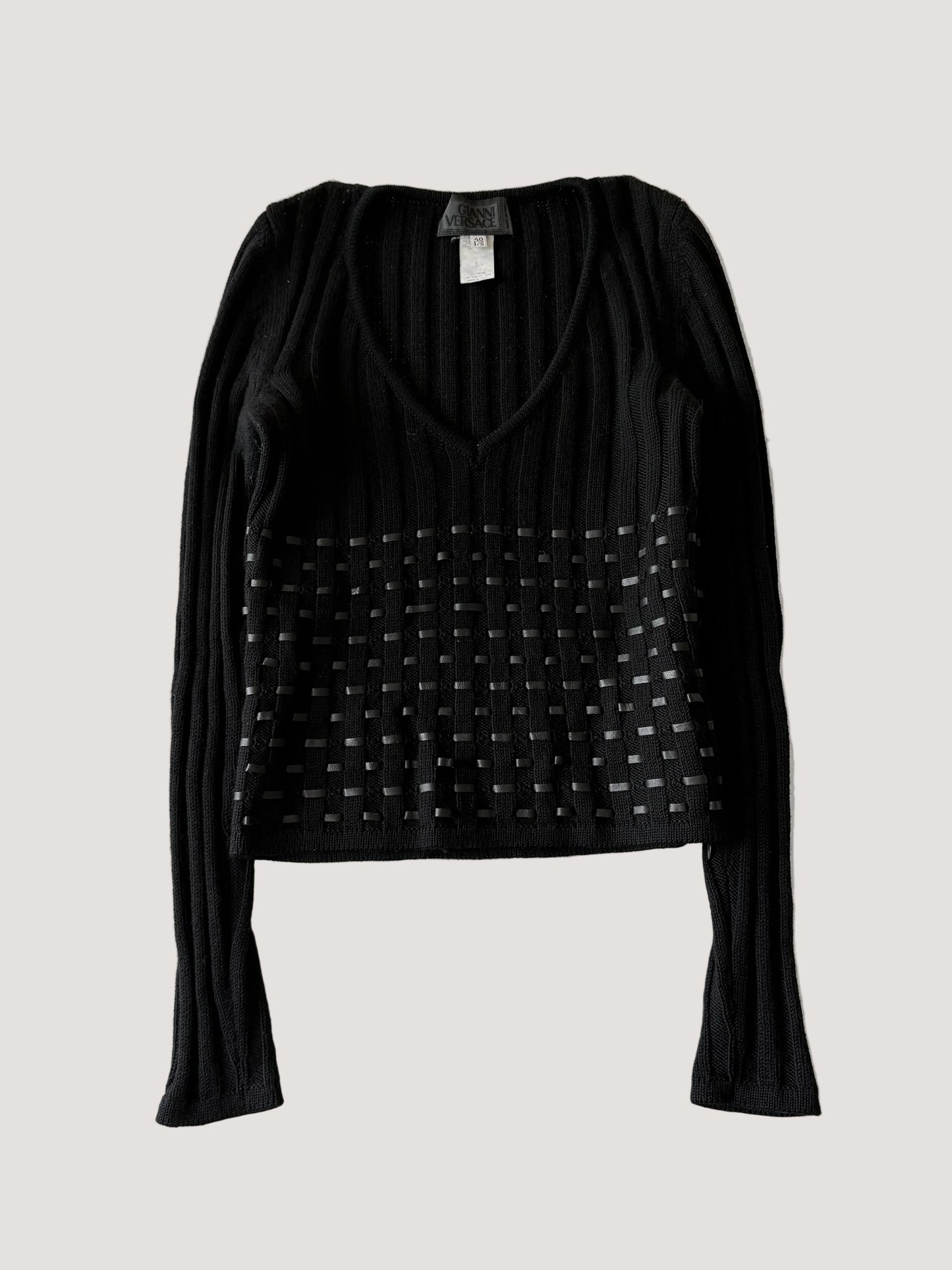 2000’s Gianni Versace Leather Horizontal Lined Knit Sweater