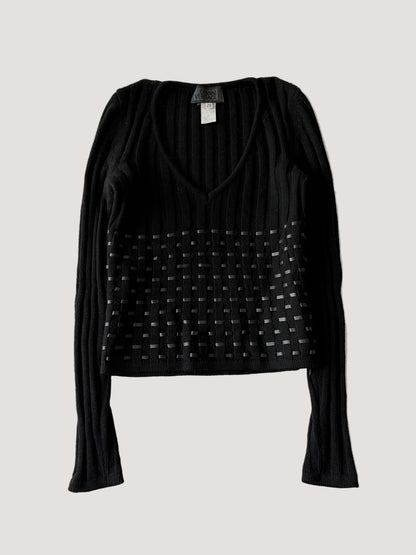 2000’s Gianni Versace Leather Horizontal Lined Knit Sweater