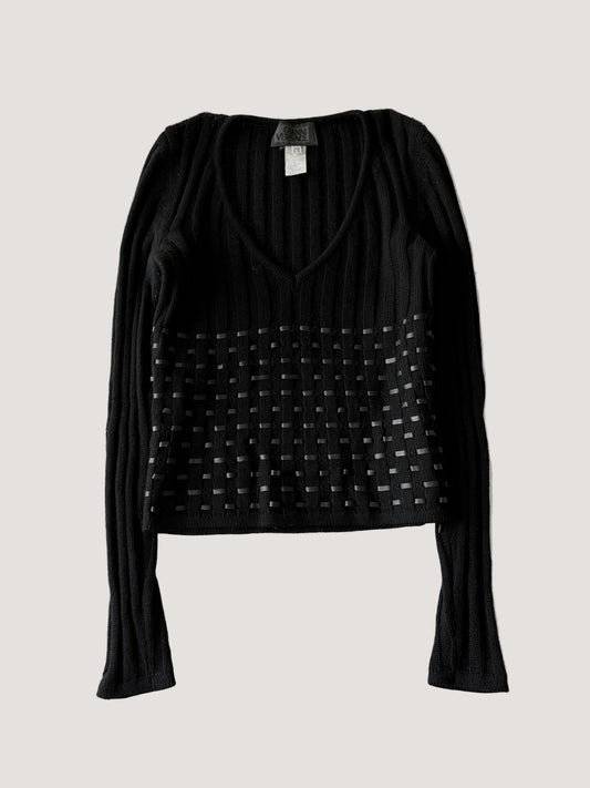 2000’s Gianni Versace Leather Horizontal Lined Knit Sweater