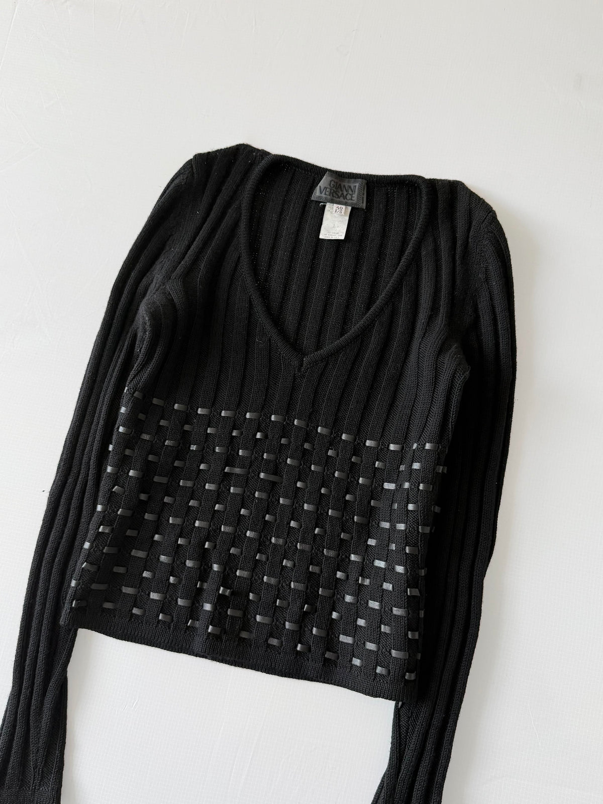 2000’s Gianni Versace Leather Horizontal Lined Knit Sweater