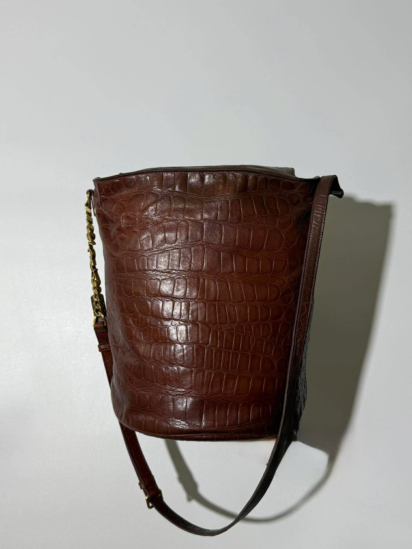 Saint Laurent Brown Crocodile Embossed Bucket Bag