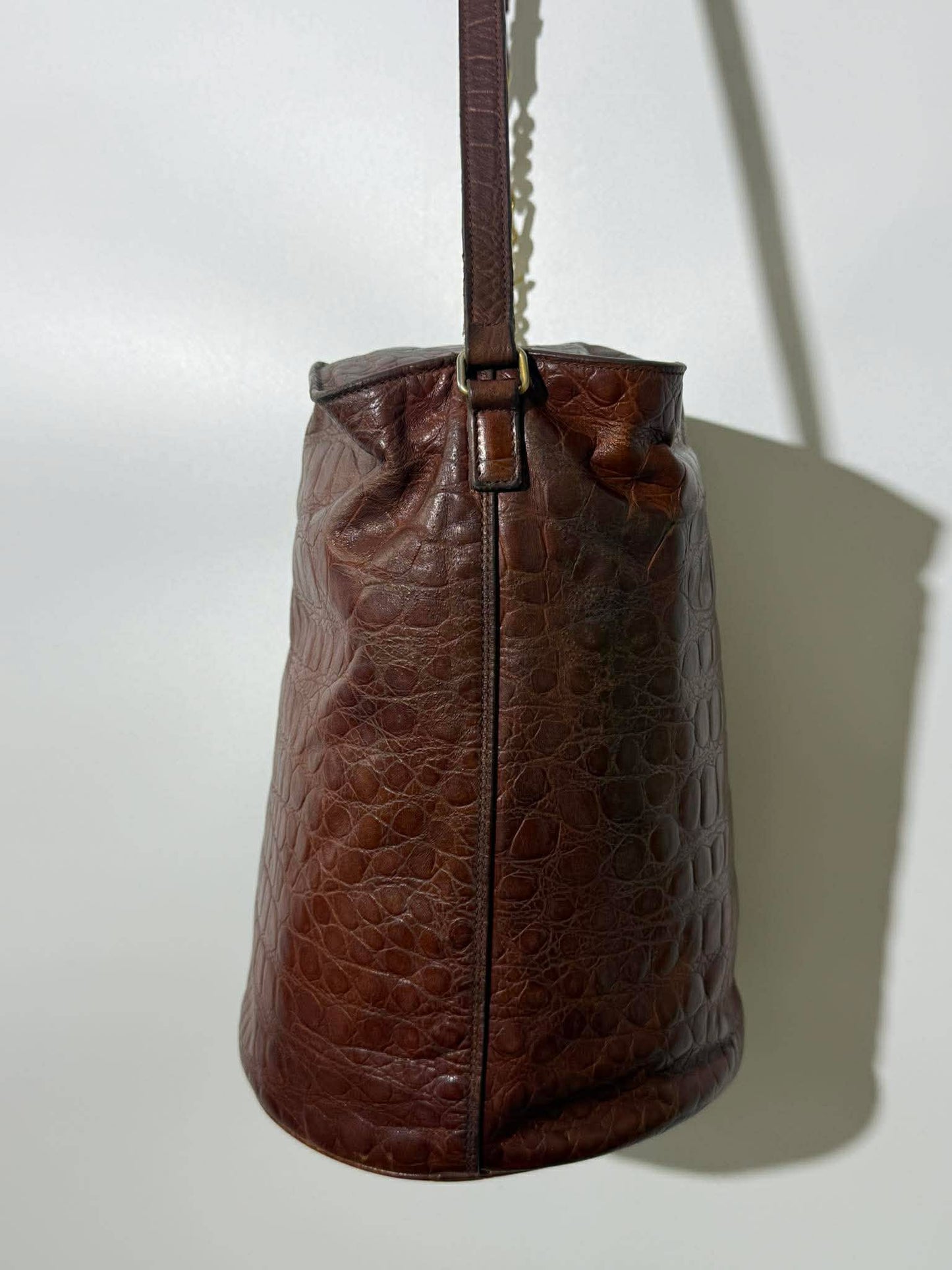 Saint Laurent Brown Crocodile Embossed Bucket Bag