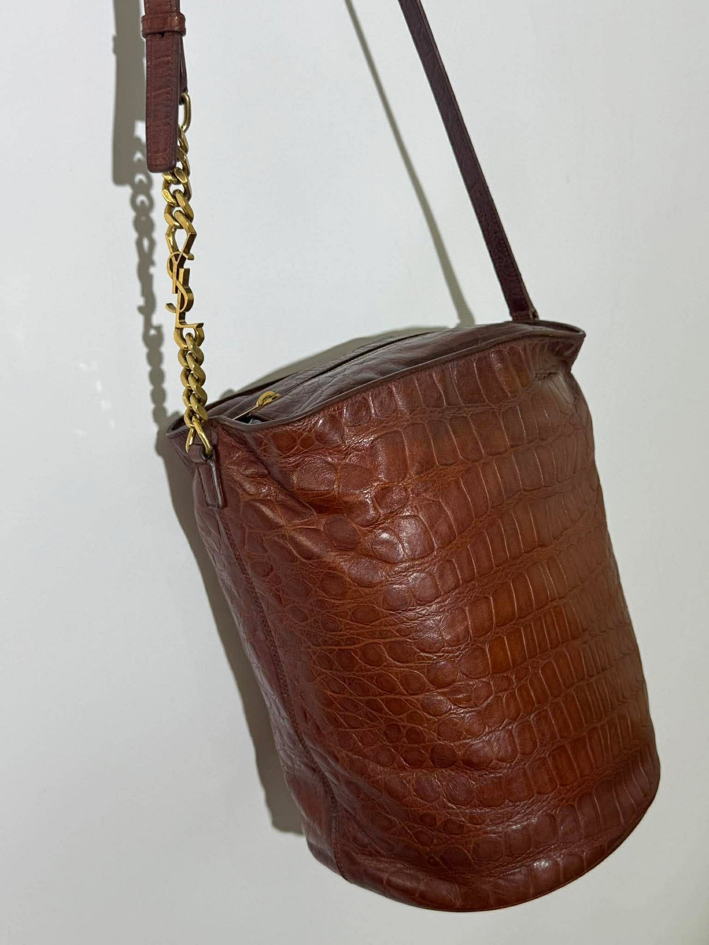 Saint Laurent Brown Crocodile Embossed Bucket Bag